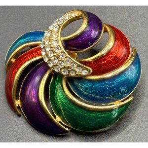 Red Green Blue Purple Gold Enamel Clear Pave Crystals‎ Vtg Goldtone 2” Brooch